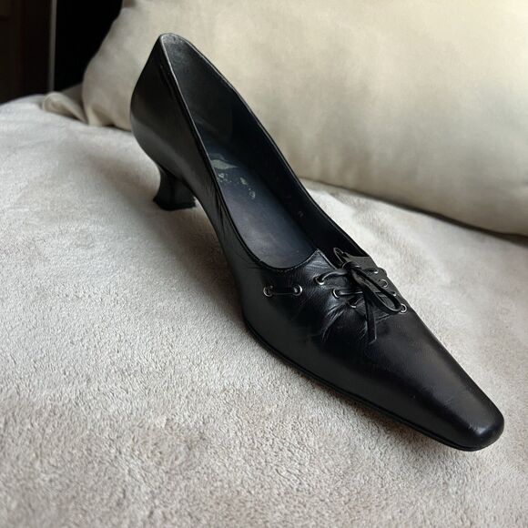 Stuart Weitzman Black Leather Front Lace Up Kitten Heel Pump Women 7 N Narrow - Picture 3 of 15